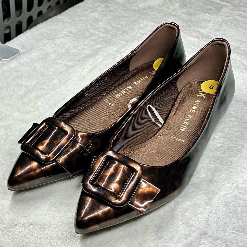 New Anne Klein Karisma Tortoise Shell Pointed Toe iFlex Flats Buckle Shoes 8M
